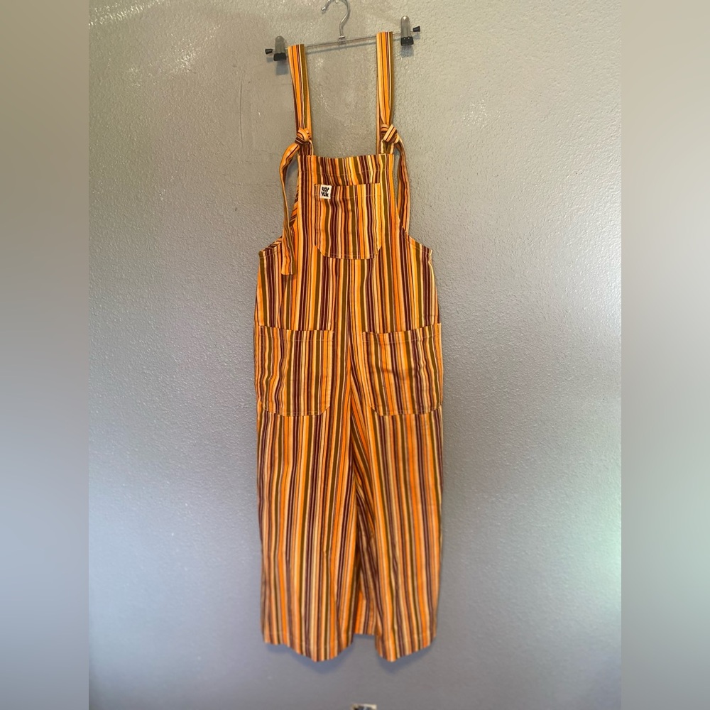 LUCY & YAK 70s stripe orange brown JENNY dungarees overalls uk 4